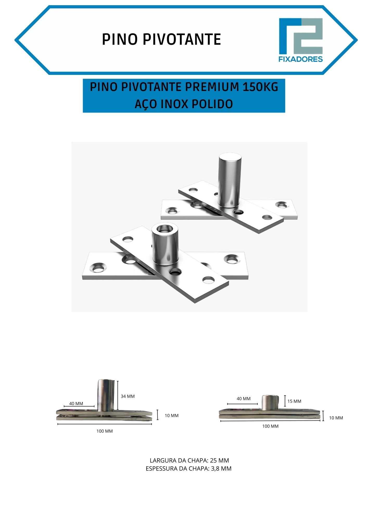 Pino Pivotante Premium 150kg – Aço Inox Polido Pino Pivotante Premium 150kg – Aço Inox Polido